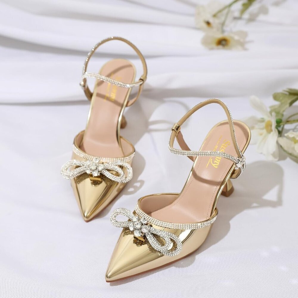 Women's Gold 2 Closed Toe Rhinestone Wedding Low Slingback Clear Kitten Heels